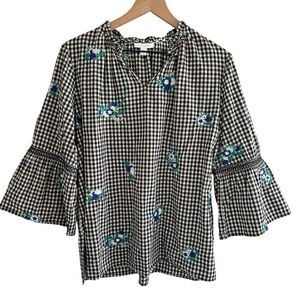 Charter Club 1X Gingham Bell Sleeve Blouse Floral Embroidery Boho Peasant